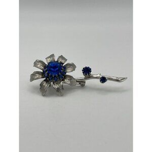 Silver Tone Blue Rhinestone Flower Brooch 3"